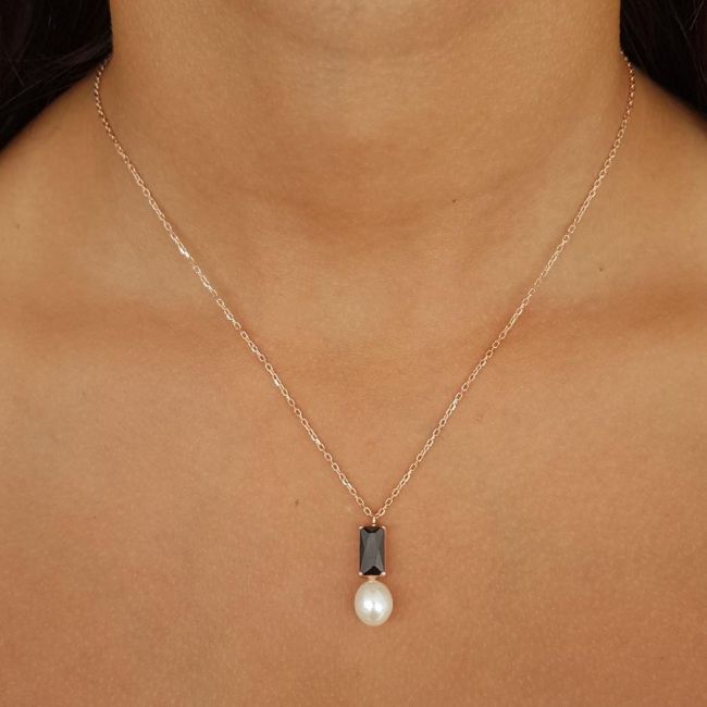 Octagon Onyx Drop Real Pearl Women's Silver Necklace - 2