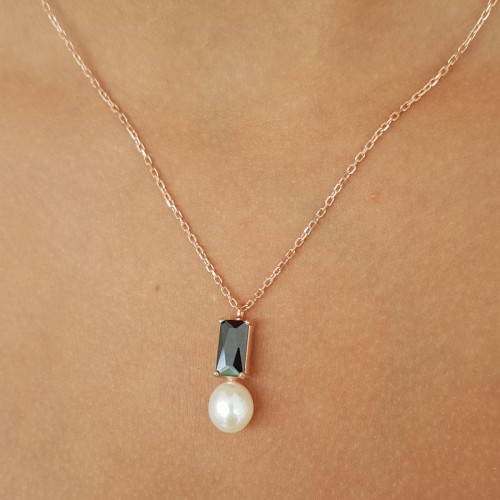 Octagon Onyx Drop Real Pearl Women's Silver Necklace - 3