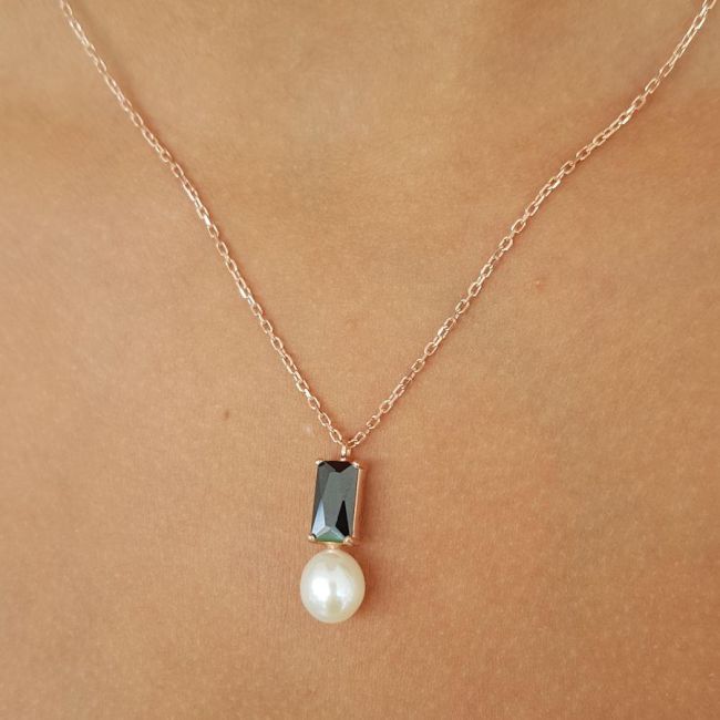 Octagon Onyx Drop Real Pearl Women's Silver Necklace - 3
