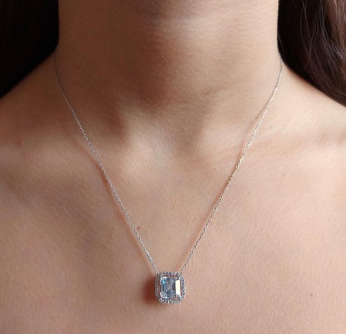 Square Solitaire Octagon Anturage Diamond Model Silver Women's Necklace - 1