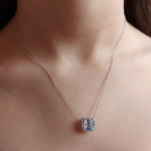 Square Solitaire Octagon Anturage Diamond Model Silver Women's Necklace - 2