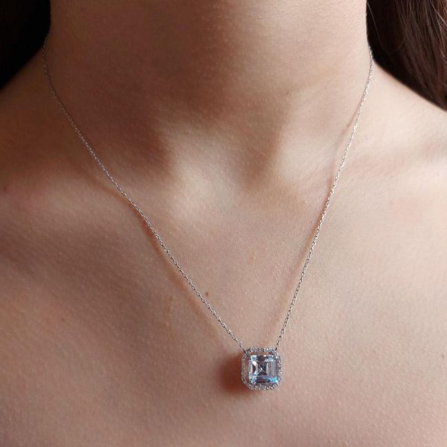 Square Solitaire Octagon Anturage Diamond Model Silver Women's Necklace - 2