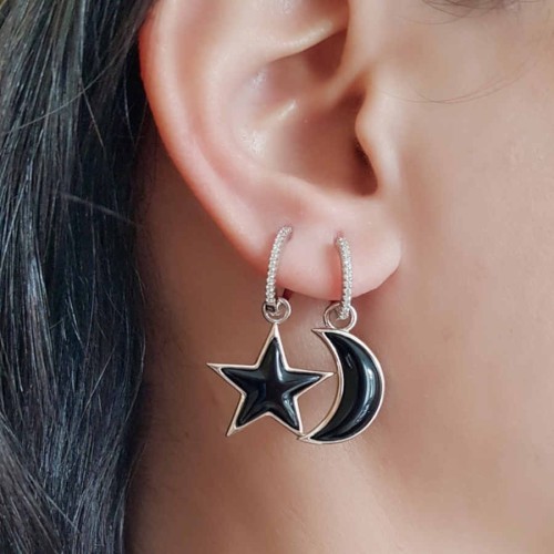 Onyx Stone Crescent Star Design Silver Women's Earrings 