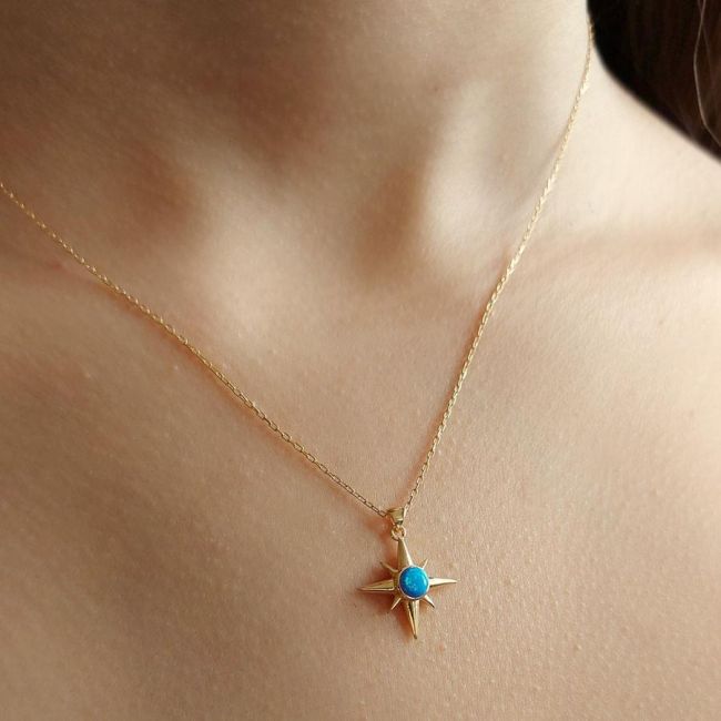 Opal Taşlı Kutup Yıldızı Gold Gümüş Kolye - 2