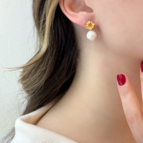 Original Citrine Pearl Design Women's Silver Earrings - 2