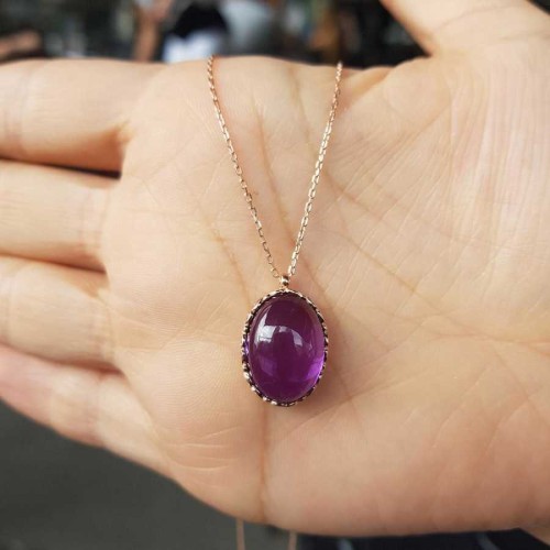 Oval Ametist Taşlı Gümüş Kadın Kolye - 2
