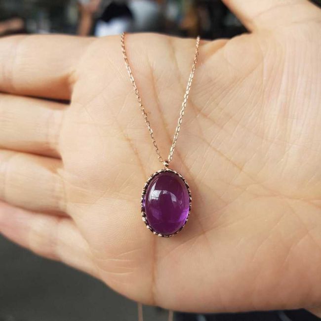 Oval Ametist Taşlı Gümüş Kadın Kolye - 2