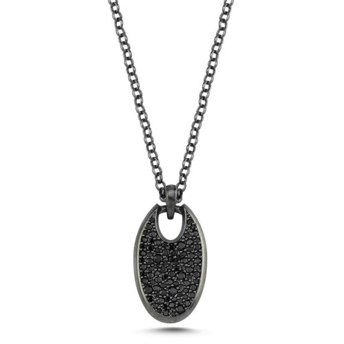 Oval Black Stone Design Plate Silver Men's Necklace - 1
