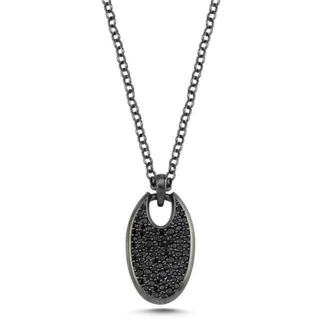 Oval Black Stone Design Plate Silver Men's Necklace - 1
