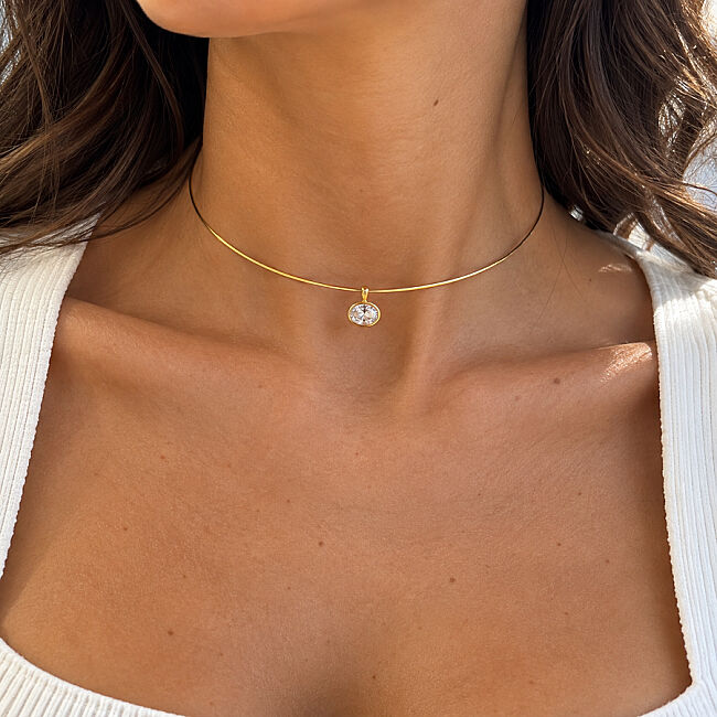 Oval Tektaş Choker Gümüş Kolye - 2
