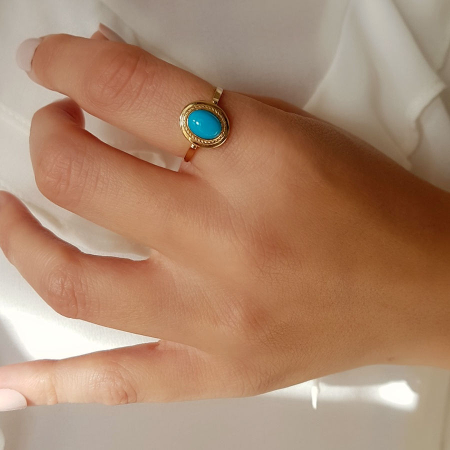 Oval Turquoise Stone Gold Ring - Thumbnail