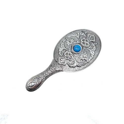 Oval Turquoise Stone Silver Hand Mirror No 1 - Thumbnail