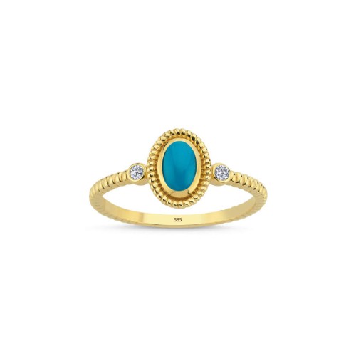 Oval Turquoise Stone Twisted Sleeve Pattern Gold Ring - Thumbnail