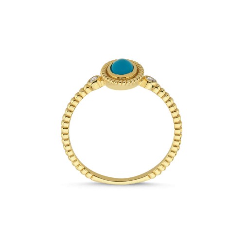 Oval Turquoise Stone Twisted Sleeve Pattern Gold Ring - Thumbnail