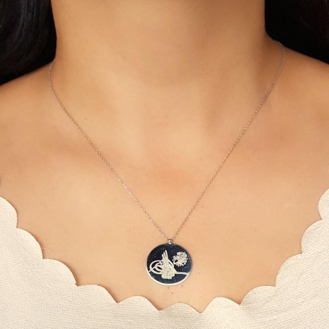 Special Calligraphy Tughra Basmala Written Silver Women's Necklace - 2