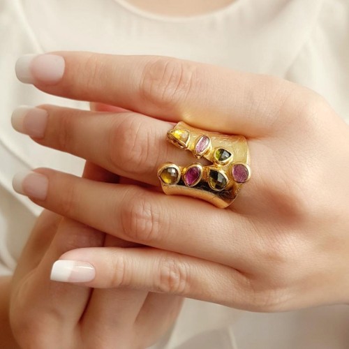 Special Design Colorful Tourmaline Gold Silver Women's Ring - CNG Jewels