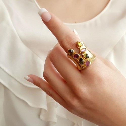 Special Design Colorful Tourmaline Gold Silver Women's Ring - CNG Jewels (1)