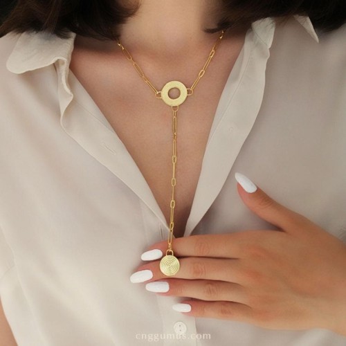 Özel Tasarım Y Şeklinde Spiral Gold Gümüş Kadın Kolye - CNG Jewels