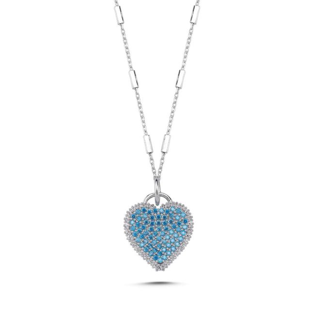 Glittering Blue Heart Silver Women's Necklace - 1