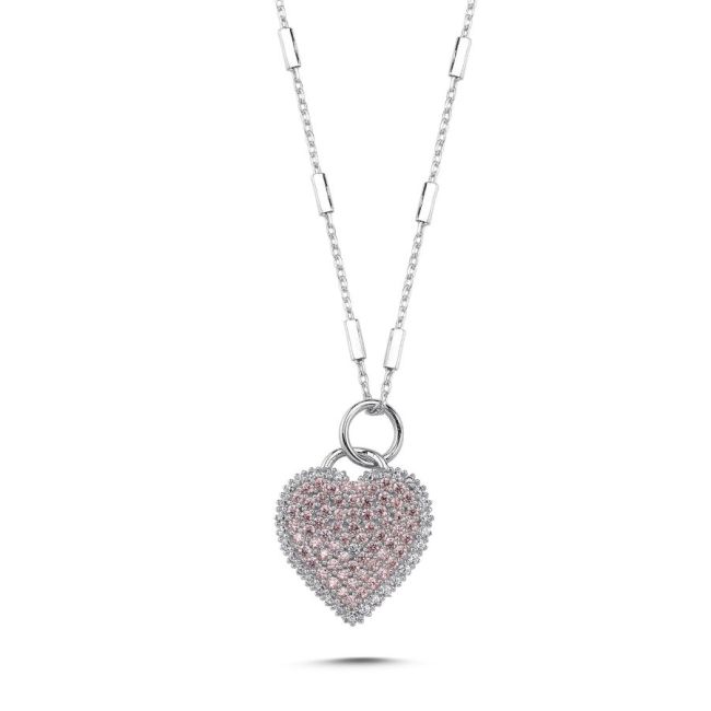 Glittery Pink Heart Silver Women's Necklace - 1
