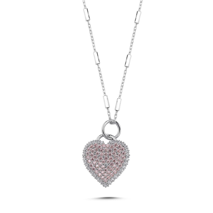 Parıltılı Pembe Kalp Gümüş Kadın Kolye - CNG Jewels