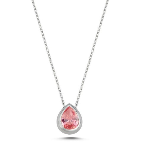 Pink Drop Solitaire Silver Women's Necklace - 1