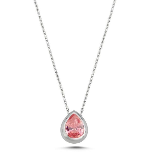Pink Drop Solitaire Silver Women's Necklace - 1