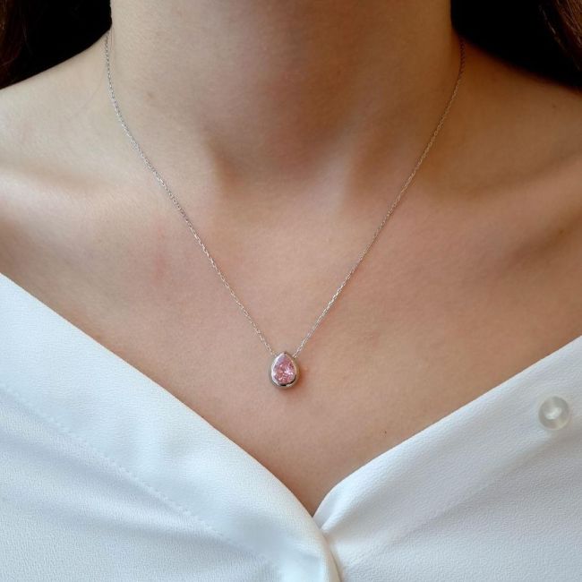 Pink Drop Solitaire Silver Women's Necklace - 2