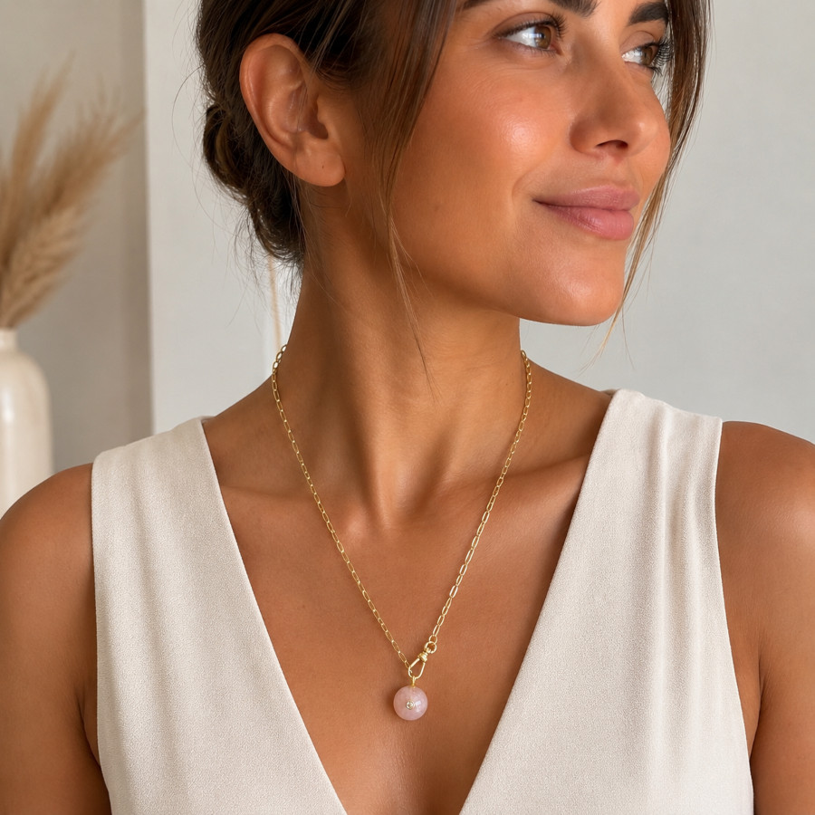 Pembe Kuvars Taşlı Ataç Zincir Kolye - CNG Jewels (1)