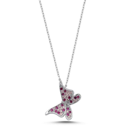 Pembe Mariposa Kelebek Gümüş Kadın Kolye 