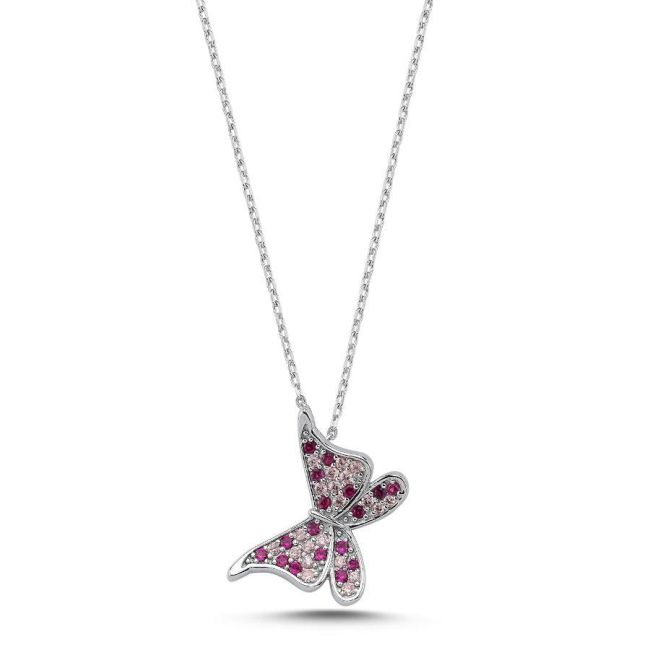 Pembe Mariposa Kelebek Gümüş Kadın Kolye - 1