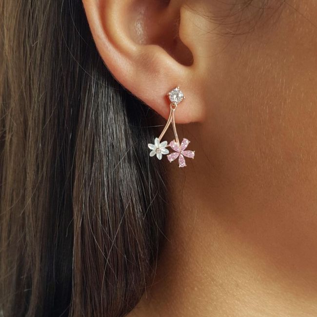 Pink Stone White Flower Pearl Daisy Silver Women's Earrings - 1