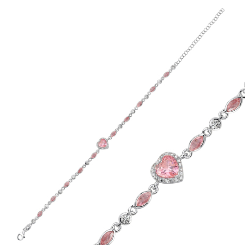 Pembe Taşlı Kalp Zincir Kadın Gümüş Bileklik - 1
