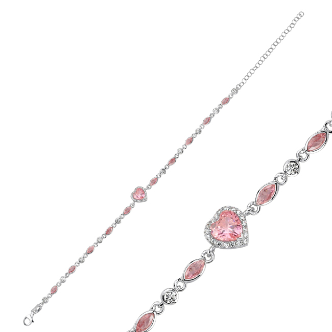Pembe Taşlı Kalp Zincir Kadın Gümüş Bileklik - 1