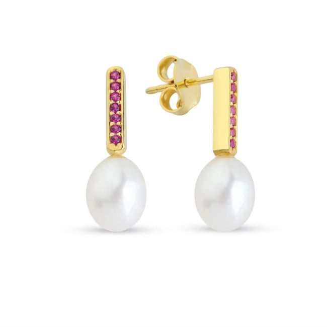 Silver Women's Earrings with Pink Ruby Stone and Natural Drop Pearls - 1