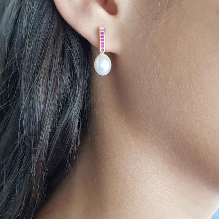 Silver Women's Earrings with Pink Ruby Stone and Natural Drop Pearls - CNG Jewels (1)