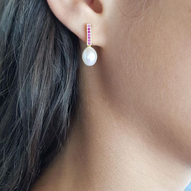 Silver Women's Earrings with Pink Ruby Stone and Natural Drop Pearls - 2