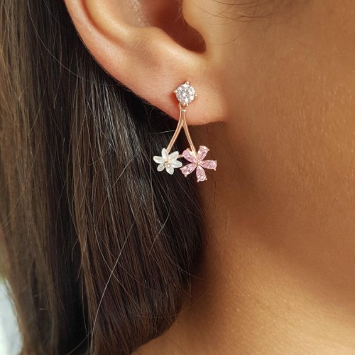 Pembe Yonca Beyaz Papatya Gümüş Küpe - CNG Jewels (1)