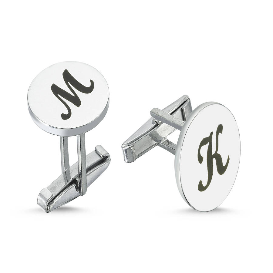  Personalized Round Plate Black Enamel Letter Cufflinks - Thumbnail