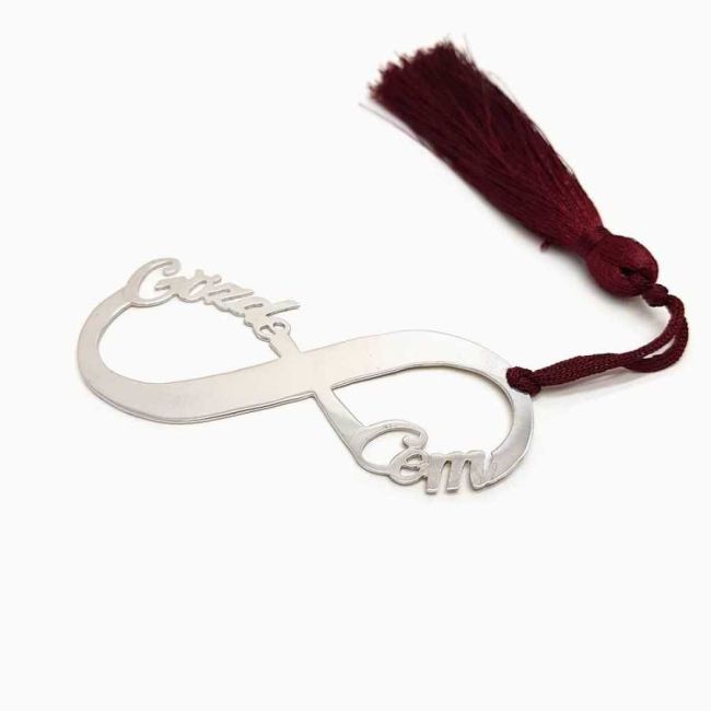 Personalized Two Name Infinity Shaped Silver Bookmark - 2
