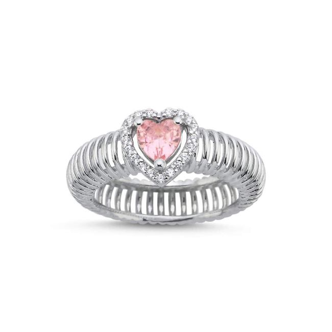 Pink Heart Solitaire Accordion Women's Silver Ring - 1