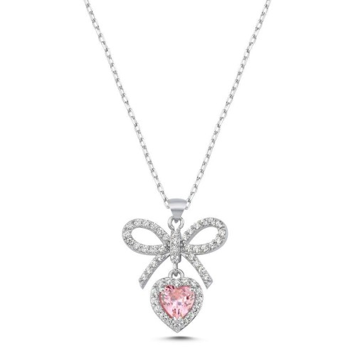 Pinky Heart Bow Silver Women's Necklace - CNG Jewels