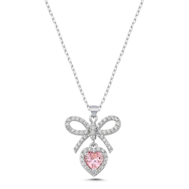 Pinky Heart Fiyonk Silver Women's Necklace