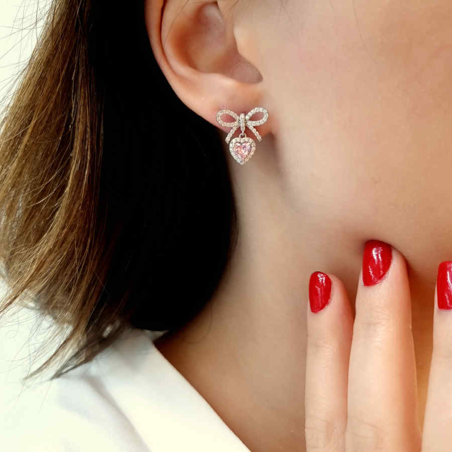 Pinky Heart Bow Silver Women's Earrings - CNG Jewels (1)