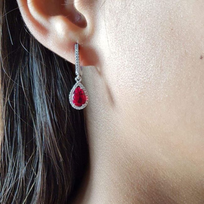 Pırlanta Modeli Damla Ruby Sallantılı Gümüş Küpe - 1