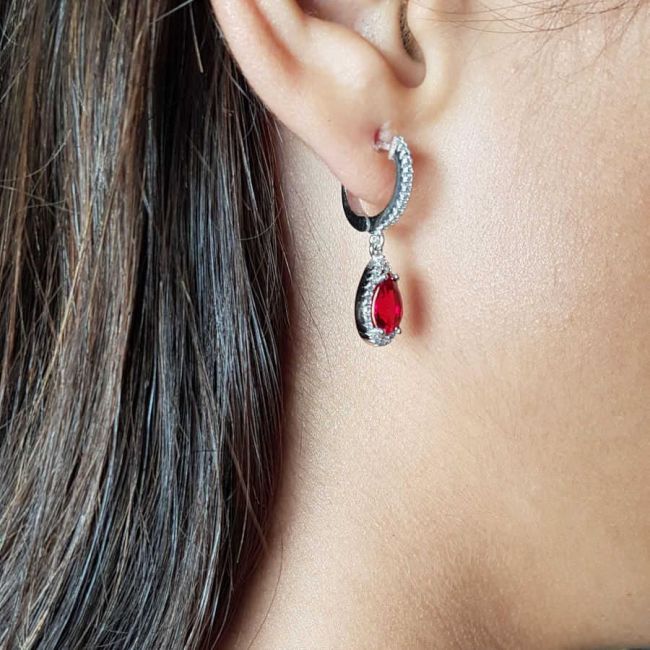 Pırlanta Modeli Damla Ruby Sallantılı Gümüş Küpe - 2