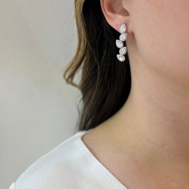 Diamond Designed Drop Stone Women's Evening Dress Silver Earrings - 2