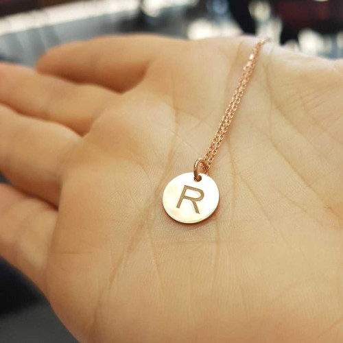 Letter R Rose Minimal Plate Silver Women's Necklace 