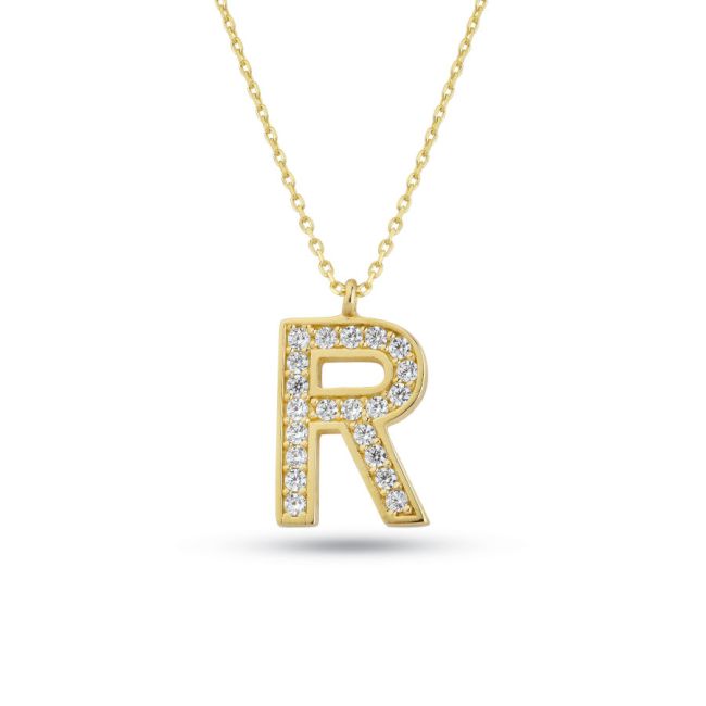 Gold Necklace with Letter R Stone - 1