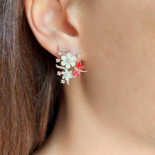 Floral Red Dragonfly Silver Women's Earrings - CNG Jewels